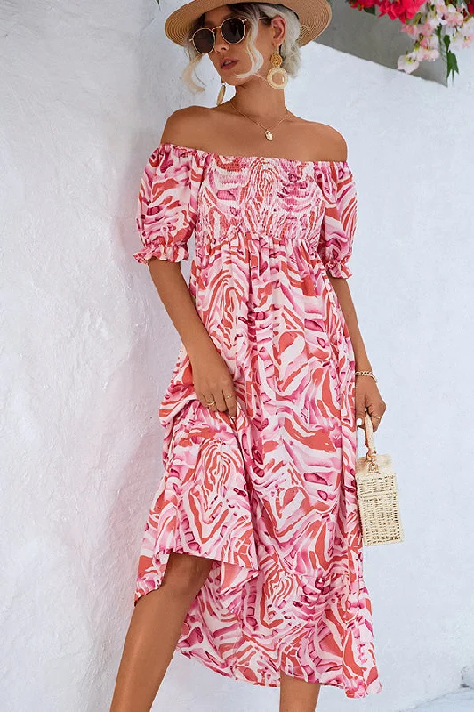 Weekend Savings Spectacle Smocked Print Off The Shoulder Midi Dress