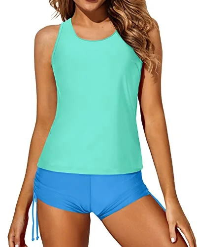 Sexy Criss Cross Straps Backless Tankini Set For Women-Blue Green