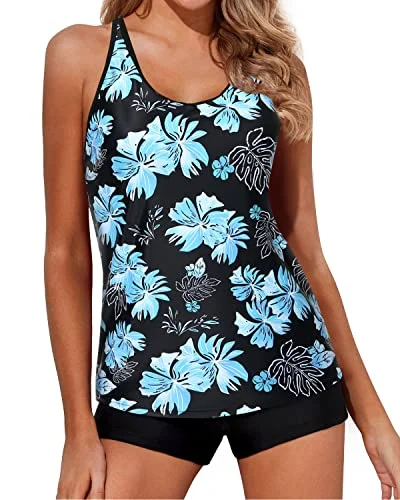 Athletic Two Piece Tankini Set For Women Boy Shorts Swimwear-Black Blue Floral