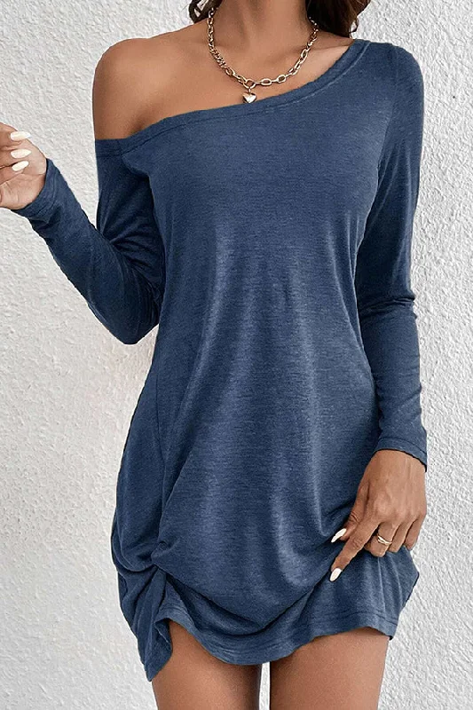 Weekend Bargains to Love Solid Skew Neck Long Sleeve Casual Dress