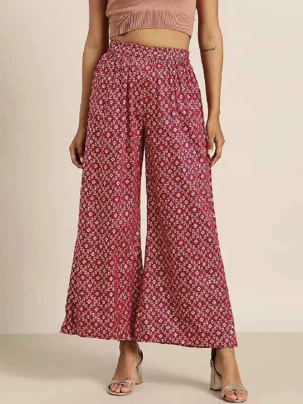 Burgundy Foil Print Flared Liva Pants