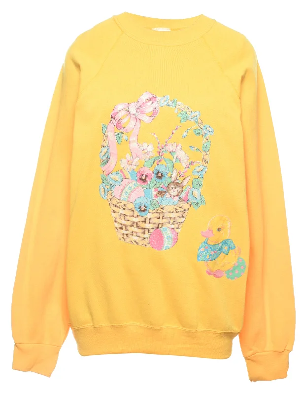 Yellow Floral Printed 1990s Sweatshirt - L