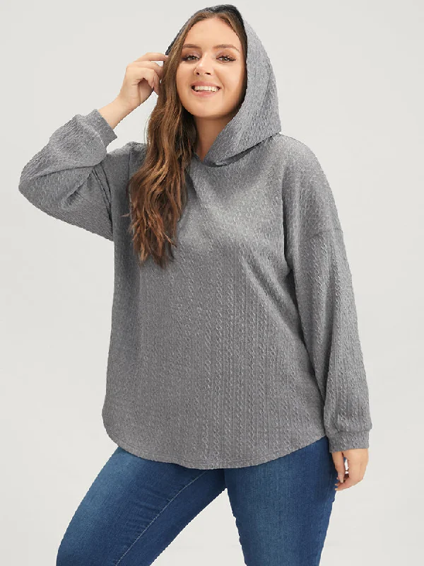 Solid Drop Shoulder Textured Hooded Sweatshirt