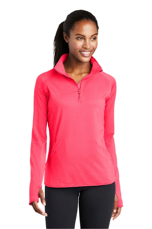 Sport-Tek Womens Sport-Wick Moisture Wicking 1/4 Zip Sweatshirt w/ Pouch Pocket - Hot Coral Pink