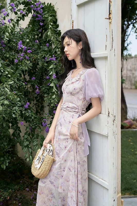 Women Ruffled Purple Floral Maxi Dress