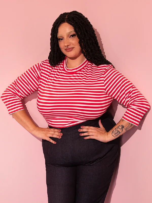 Bad Girl 3/4 Sleeve Top in Red and White Stripes - Vixen by Micheline Pitt