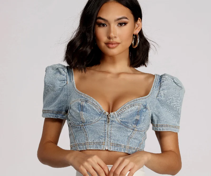 Good Vibes Cropped Denim Puff Sleeve Top