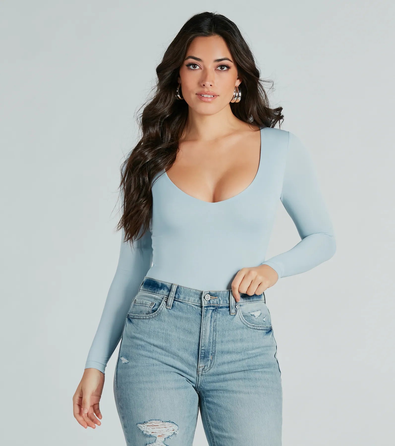 Smooth Silhouette V-Neck Long Sleeve Bodysuit