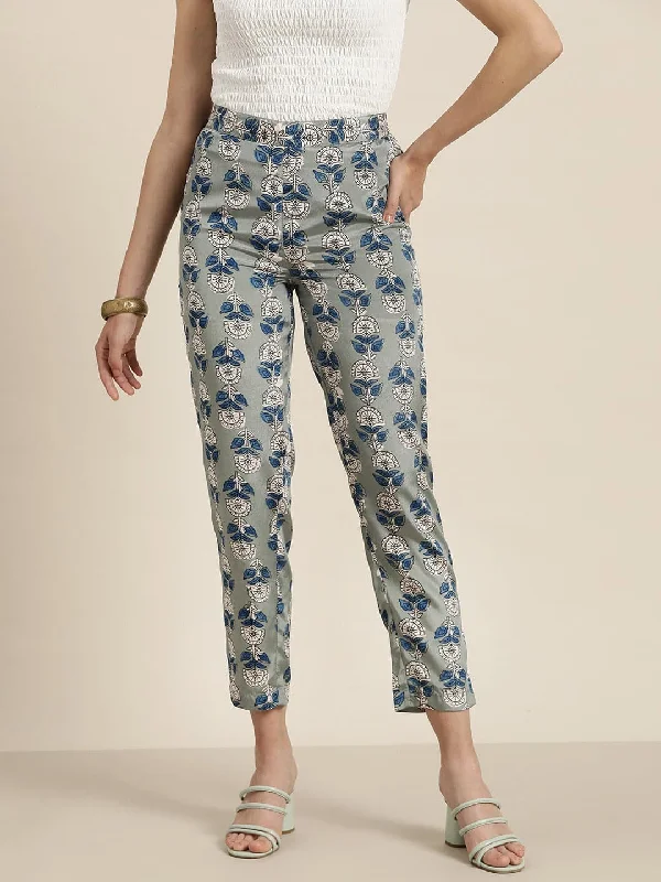 Women Grey Floral Pencil Pants