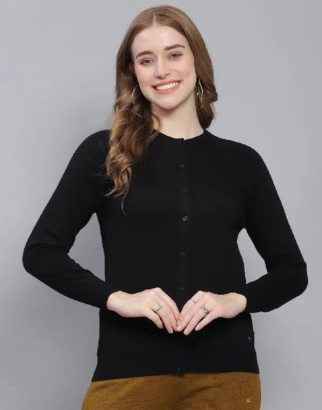 Women Black Solid Round Neck Full Sleeve Cardigan