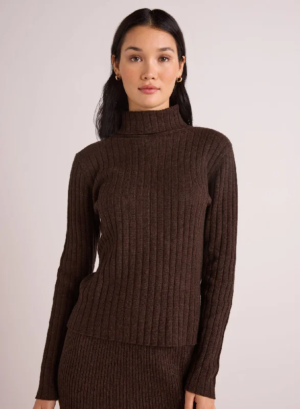 Ribbed Knit Turtleneck Sweater  - Heather Brown