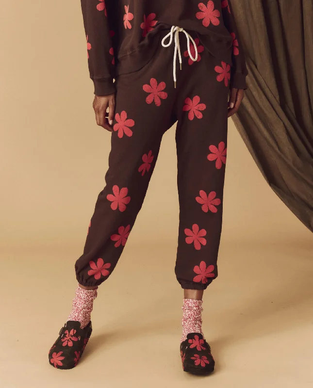 The Hand Stamped Stadium Sweatpant. -- Mocha with Hot Red Daisy