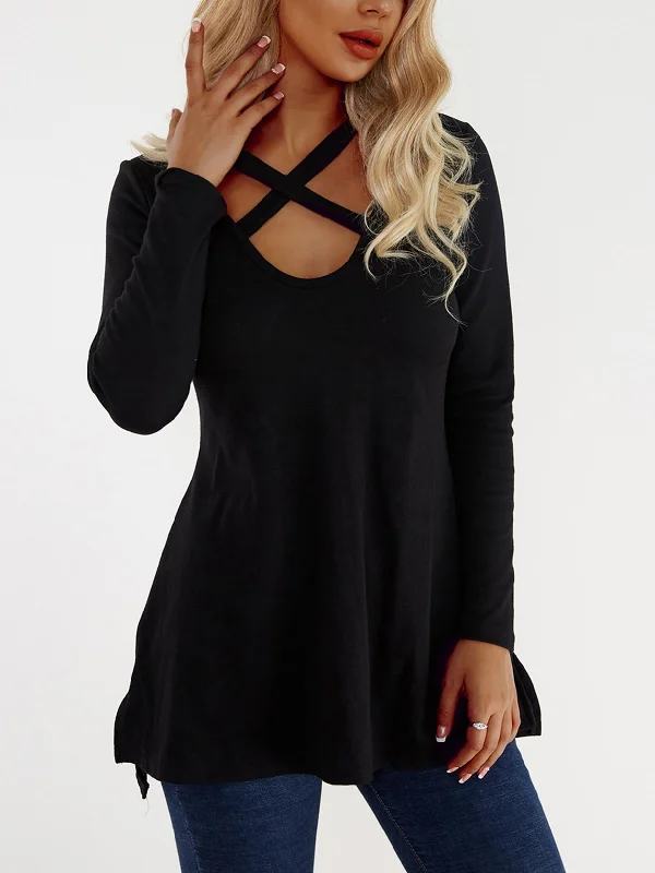 Custom V-Neck Pullover Crossed Front Long Sleeve Irregular Hem Black T-Shirts