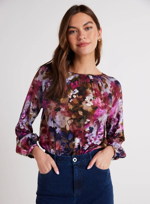 Smocked Neck Raglan Sleeve Top - Twilight Fleur Print