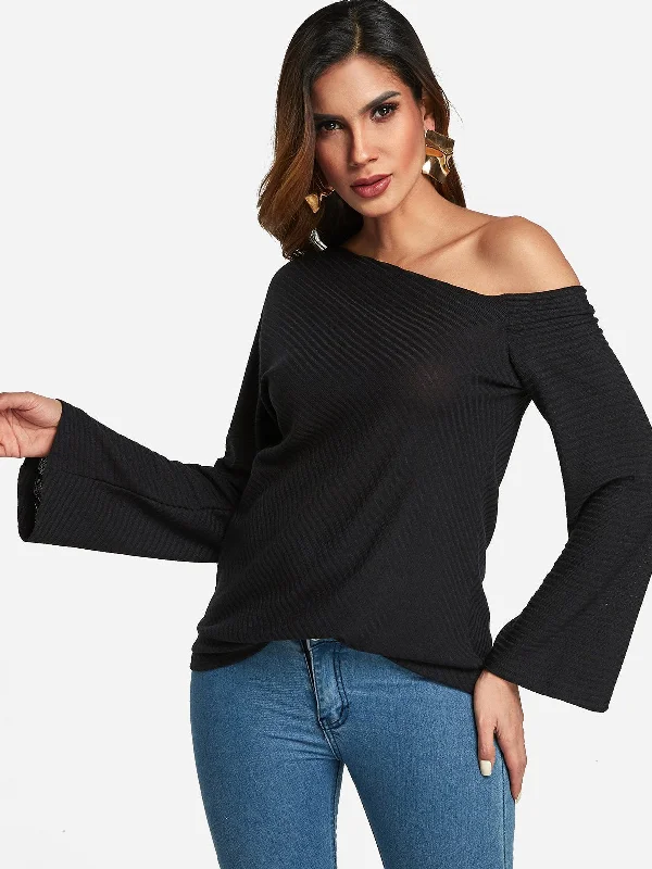 Custom One Shoulder Long Sleeve Black T-Shirts