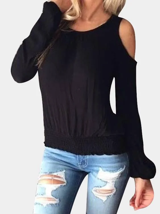 Custom Round Neck Cold Shoulder Plain Cut Out Long Sleeve Black T-Shirts