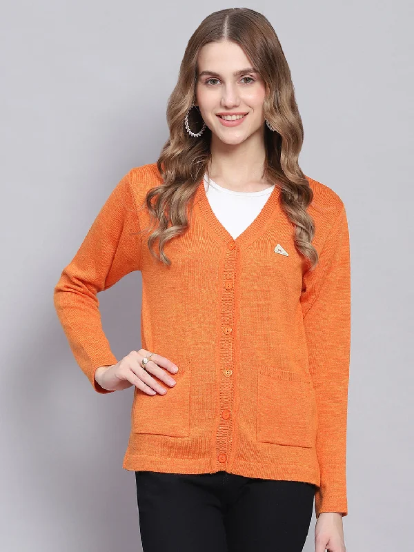 Women Orange Solid V Neck Full Sleeve Cardigans