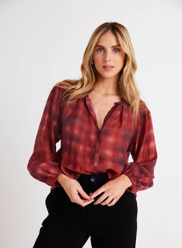 Shirred Neck Blouse - Blurred Plaid Print