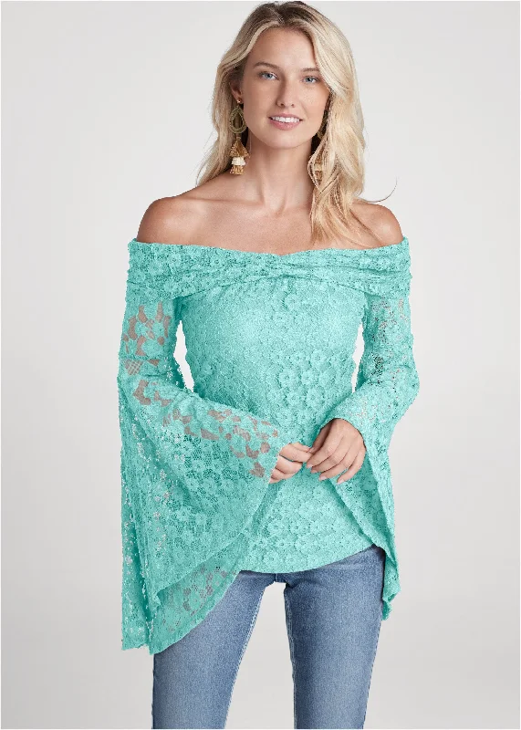 Lace Bell Sleeve Off The Shoulder Top - Mint