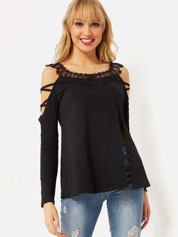 Custom Crew Neck Cold Shoulder Plain Lace Lace-Up Long Sleeve Slit Hem Black T-Shirts