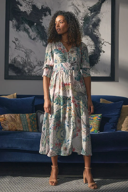 Leaf Print 3/4 Puff Sleeve Midi Dress