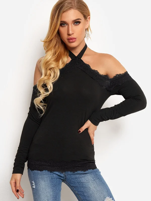 Custom Halter Lace Long Sleeve Black Top