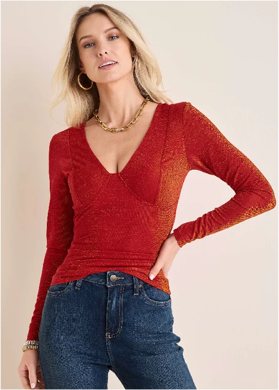 Glitter Knit V-Neck Top - Racing Red Glitter Knit