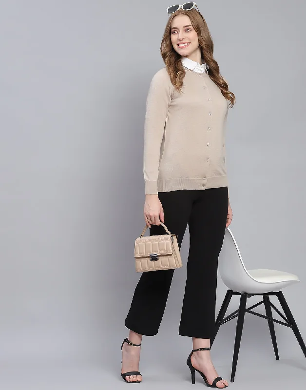 Women Beige Solid Round Neck Full Sleeve Cardigan