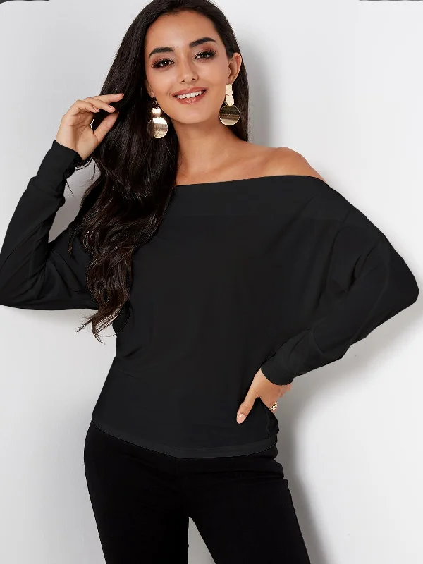 Custom Off The Shoulder Plain Long Sleeve Black Top