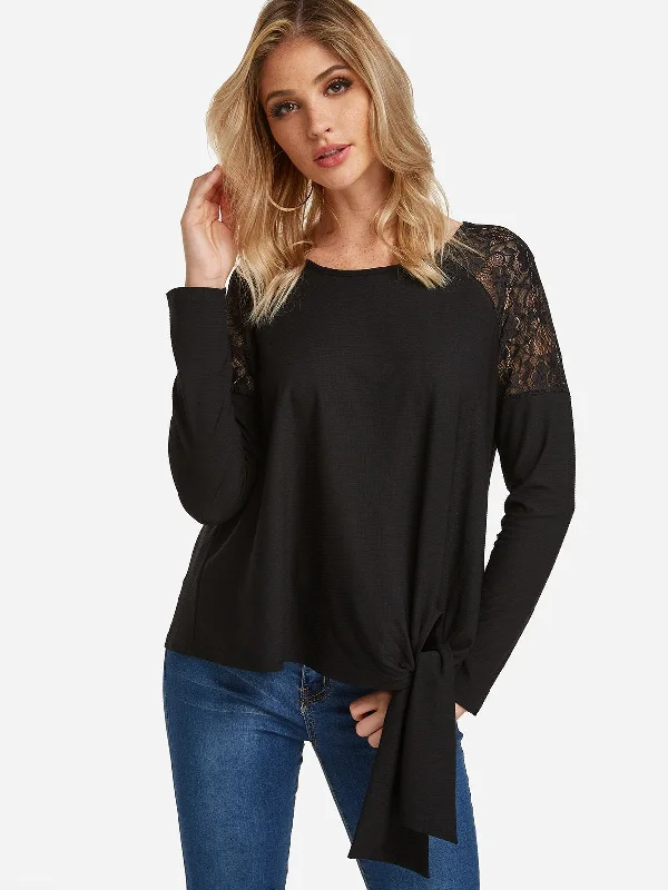 Custom Round Neck Plain Lace Long Sleeve Black T-Shirt