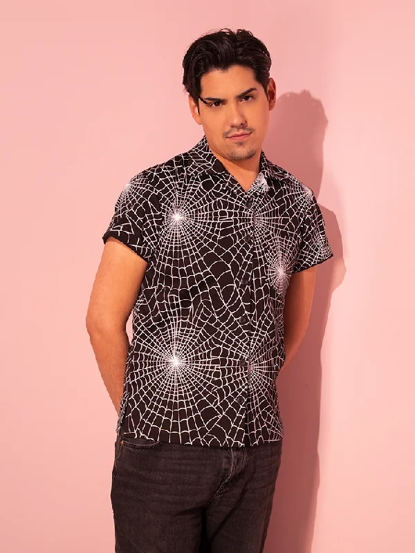 Button Up Short Sleeve Shirt in Halloween Spider Web Print in Black (unisex)