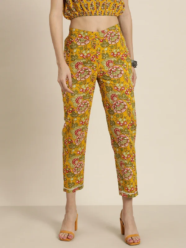 Women Mustard Big Floral Pencil Pants