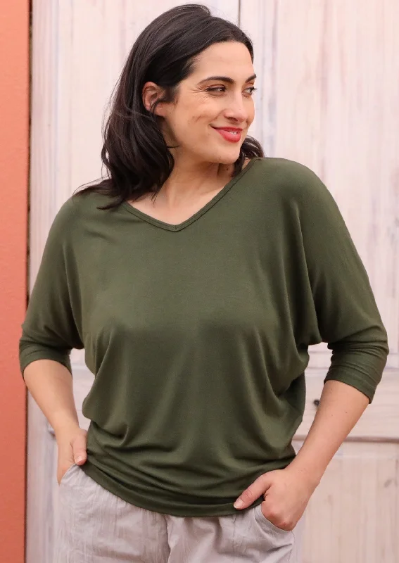 3/4 Sleeve V-neck Batwing Top Olive