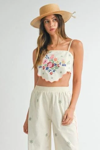 On Island Time Linen Scallop Embroidered Crop Top