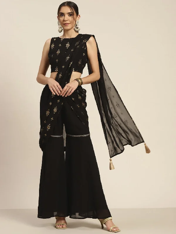 Women Black Sharara Pants With Attached Pallu