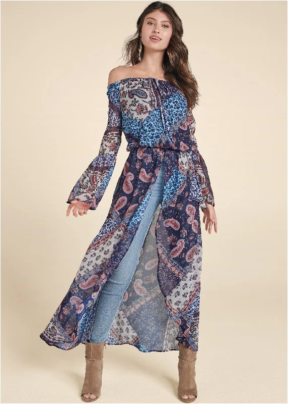 Off-The-Shoulder Maxi Top - Navy Multi