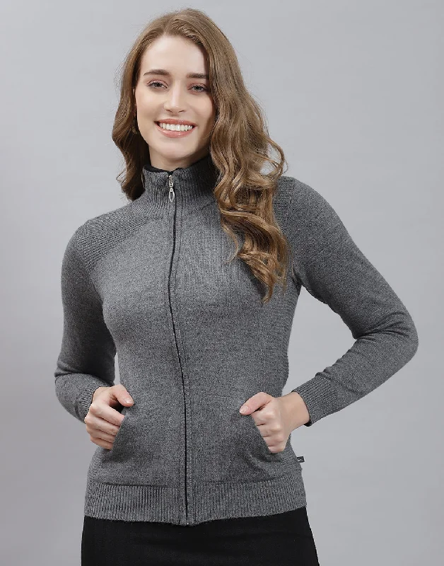 Women Grey Melange Solid Stand Collar Full Sleeve Cardigan