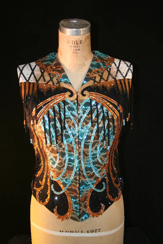 #1609 Show Vests, Ladies M, Stretch Black with Turquoise and Bronze