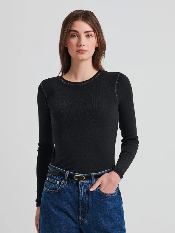 Long Sleeve Vintage Wash Ribbed T-Shirt - Black