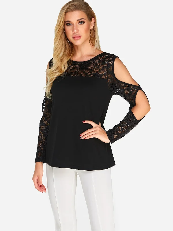 Custom Round Neck Lace Cut Out Long Sleeve Black T-Shirt