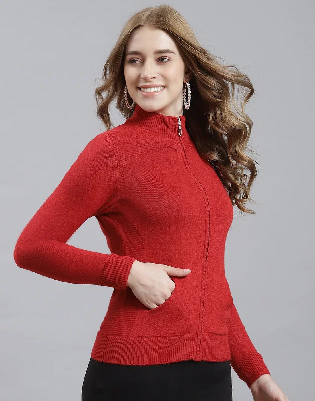 Women Red Solid Stand Collar Full Sleeve Cardigan