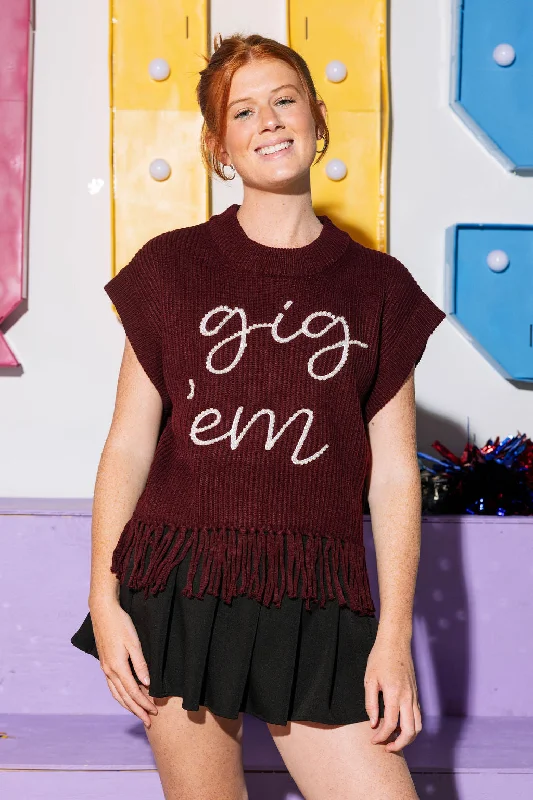 Licensed- Maroon 'Gig Em' Fringe Sweater Vest