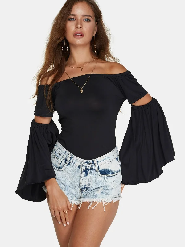 Custom Off The Shoulder Long Sleeve Black T-Shirt