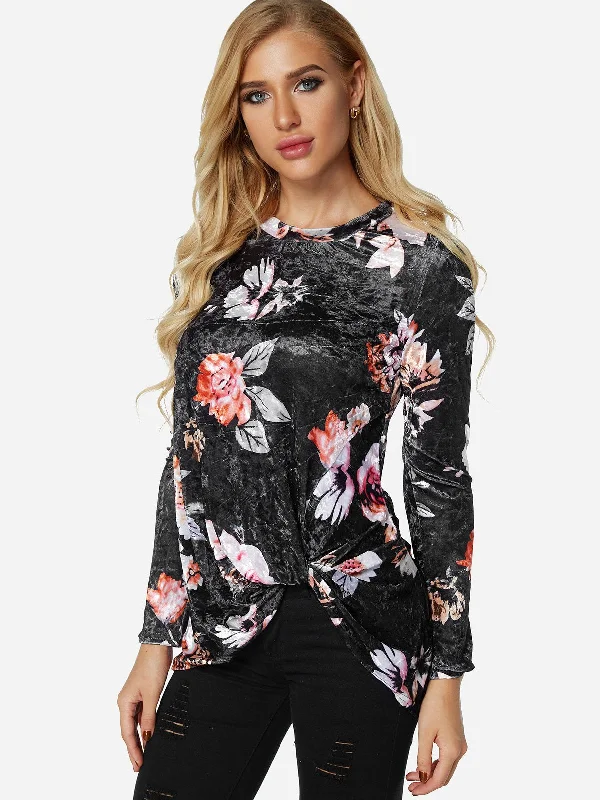 Custom Round Neck Floral Print Crossed Front Long Sleeve Irregular Hem Black T-Shirts