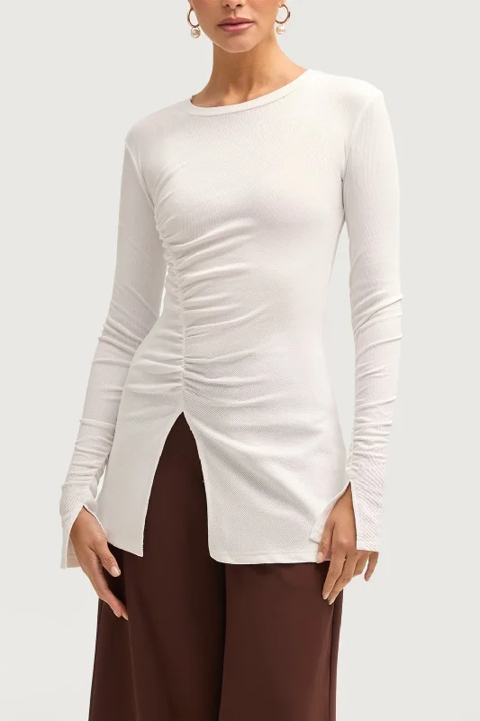 Ribbed Split Hem Top - White