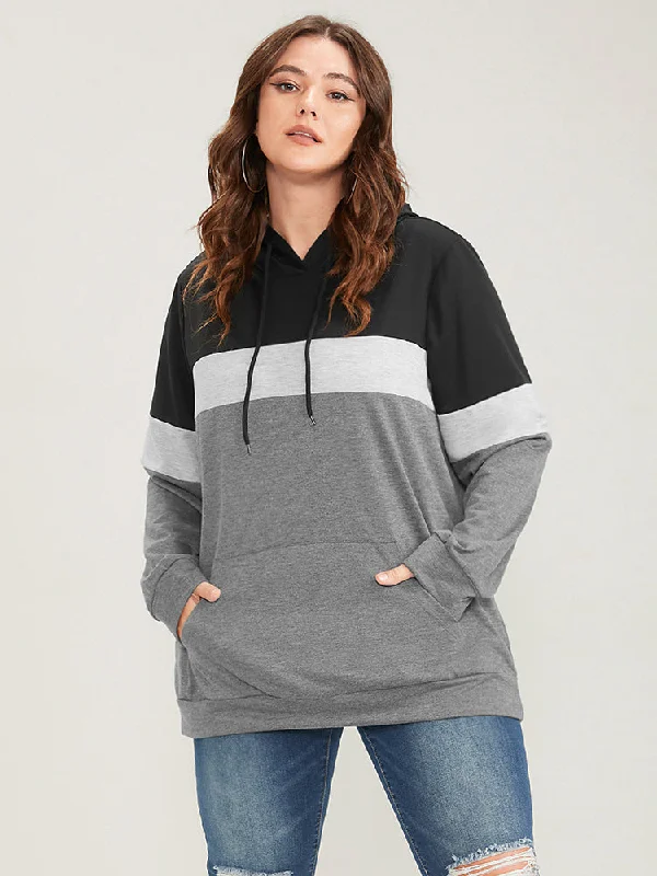 Colorblock Contrast Hooded Pocket Drawstring Sweatshirt