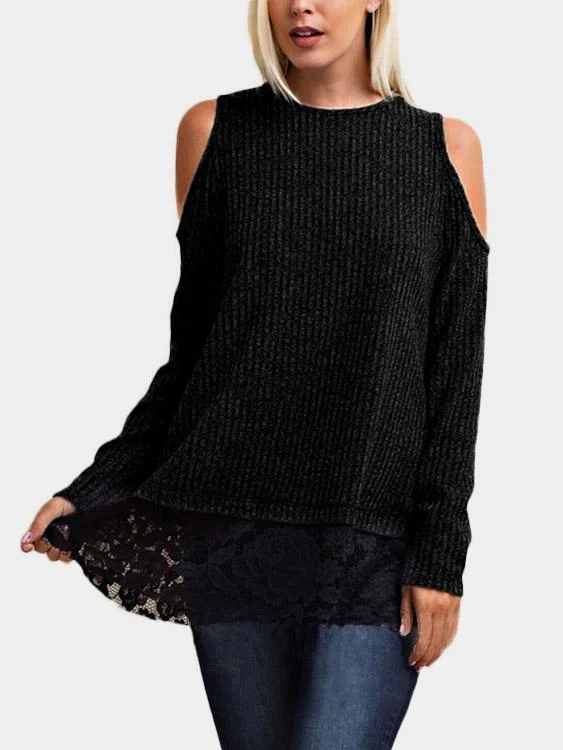 Custom Round Neck Cold Shoulder Lace Long Sleeve Black T-Shirts